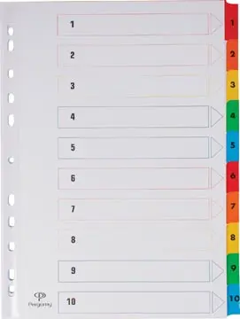 PERGAMY INTERCALAIRES AVEC PAGE DE GARDE, FT A4, PERFORATION 11 TROUS, COULEURS ASSORTIES, SET 1-10