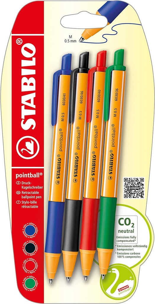 Stylos à bille rechargeables STABILO Pointball, paquet de 4 couleurs assorties 6030/4