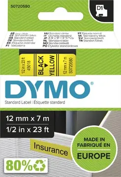 Dymo D1 ruban 12 mm, noir sur jaune