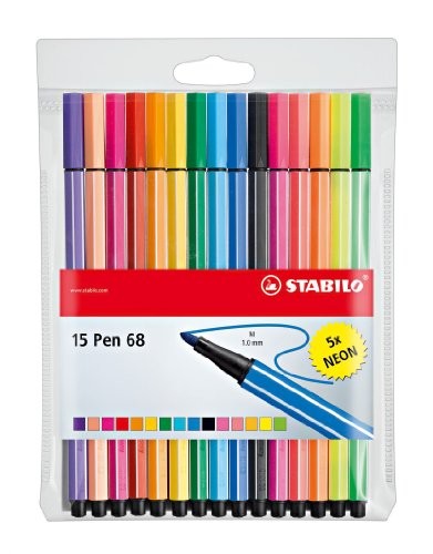 STABILO Pen 68 feutre, étui de 15 pièces en couleurs assorties