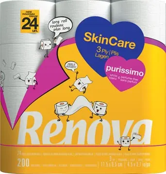 Renova Purissimo papier toilette, 3 plis, 200 feuilles, paquet de 24 rouleaux