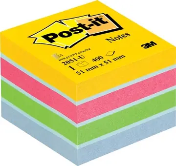 Post-it Notes mini cube, 400 feuilles, ft 51 x 51 mm, couleurs assorties