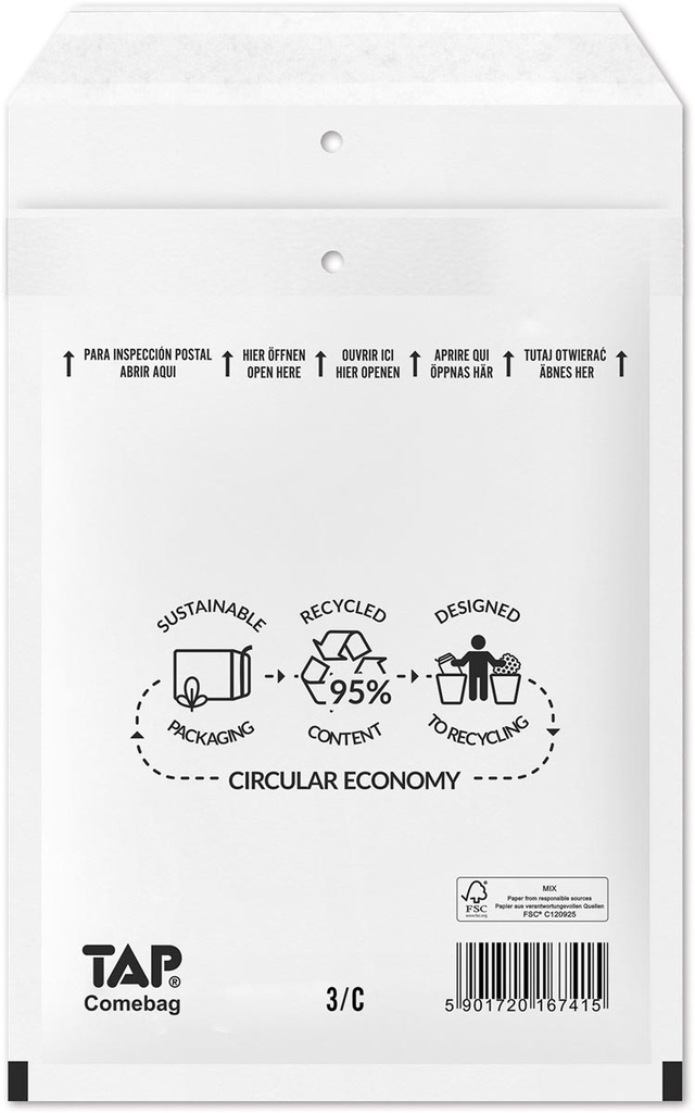 Comebag enveloppes à bulles d'air, ft 150 x 215 mm, avec bande adhésive, blanc, boîte de 100 pièces
