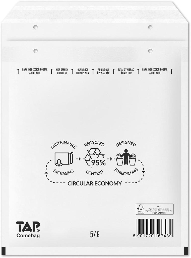 Comebag enveloppes à bulles d'air, ft 180 x 265 mm, avec bande adhésive, blanc, boîte de 100 pièces
