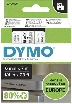 Dymo D1 ruban 6 mm, noir sur transparent