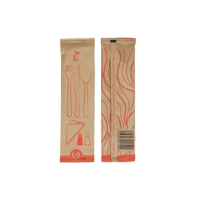 5x100 Sets de couverts en bois wax 6 pièces : couteau + fourchette + cuillère à soupe + serviette + poivre + sel 