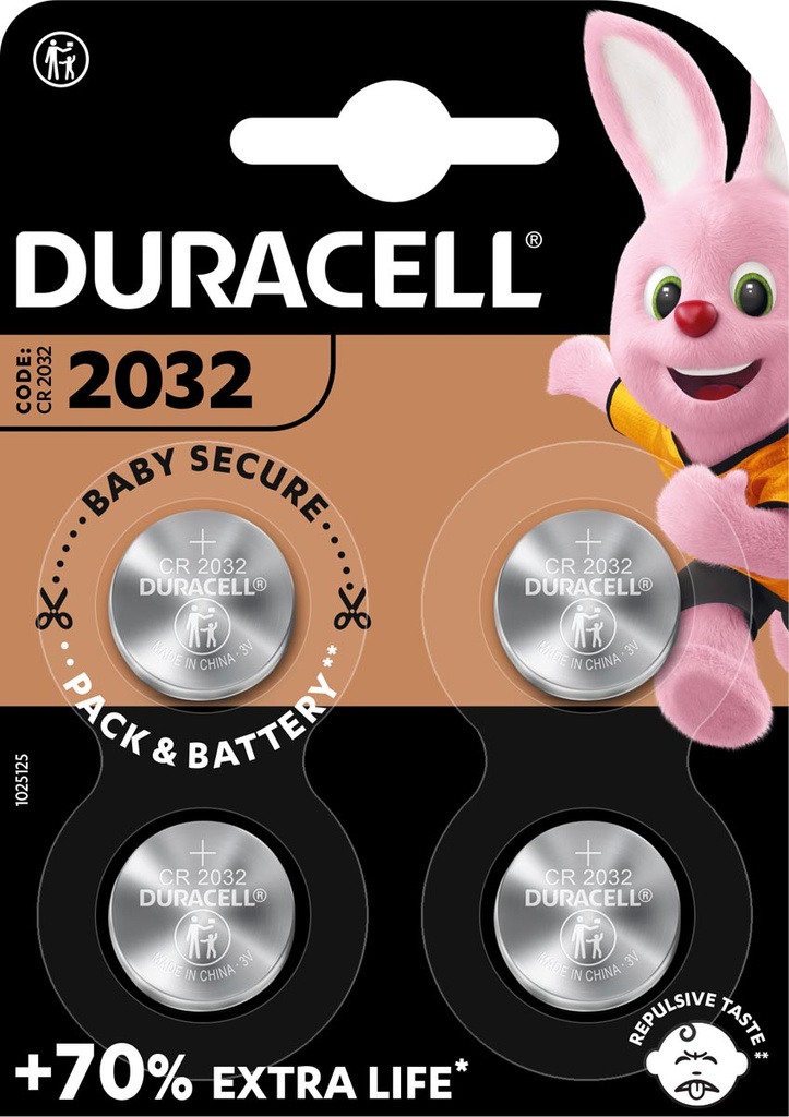 Duracell piles bouton Specialty Electronics, CR2032, blister de 4 pièces
