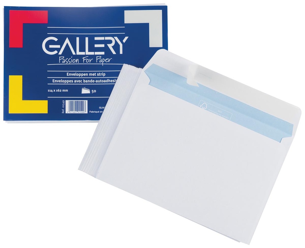 Gallery enveloppes, ft 114 x 162 mm avec bande adhésive, paquet de 50 pièces
