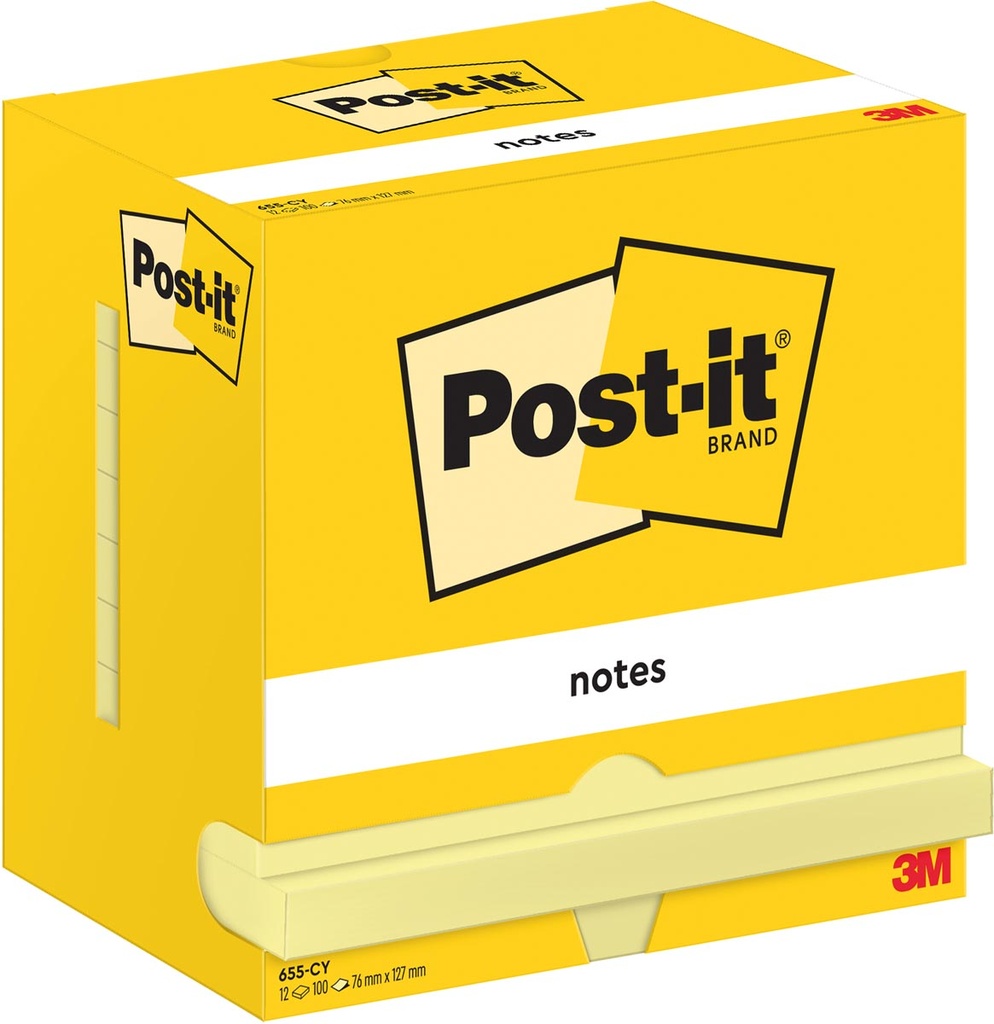 Post-It Notes, 100 feuilles, ft 76 x 127 mm, jaune, paquet de 12 blocs
