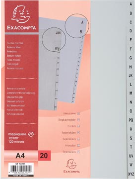 EXACOMPTA INTERCALAIRES POUR FT A4, EN PP, DE A À Z, 20 ONGLETS, GRIS 