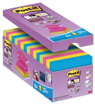 [S33016] POST-IT SUPER STICKY Z-NOTES, 90 FEUILLES, FT 76 X 76 MM, BOÎTE DE 14+2 GRATUIT, COULEURS ASSORTIES 