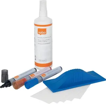 [3443886] Nobo tableau blanc starterkit Contenu: 3 marqueurs, 1 effaceur, 5 recharges, 1 spray nettoyant 125 ml.