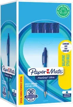 [1910074] Paper Mate stylo bille Flexgrip Ultra RT, bleu, boîte 30 + 6 pièces gratuit