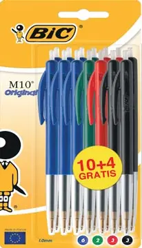 [888370] Bic stylo bille M10 Clic, 0,4 mm, pointe moyenne, couleurs assorties, blister de 10 pièces et 4 gratuits