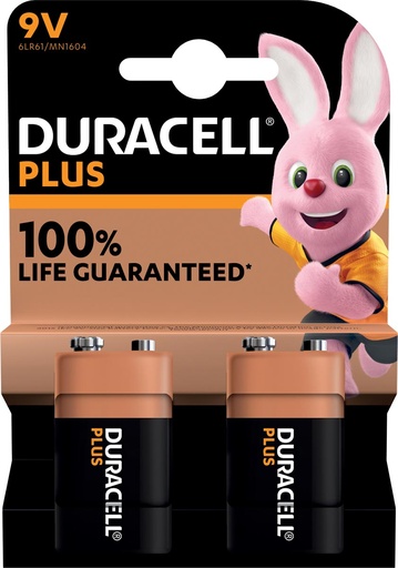 [142268] Duracell batterij Plus 100% 9V, blister de 2 pièces
