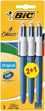[811909] Bic 4 Colours Original stylo bille 4 couleurs, moyen, 4 couleurs d'encre classique, corps bleu, sous blister de 2+1gratuit