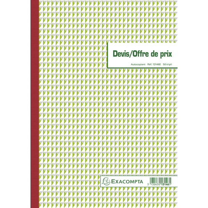 [ER13146E] Manifold Devis Offre de prix 29,7x21cm 50 feuillets tripli autocopiants
