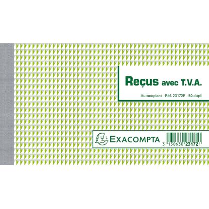 [23172E] Manifold Reçus avec T.V.A. 10,5x18cm 50 feuillets dupli autocopiants 