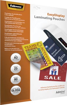 [AO5601803] FELLOWES POCHETTES DE PLASTIFICATION ADMIRE - EASYDISPLAY, AUTOCOLLANTES, ENHANCE80, FT A3, PAQUET DE 25 