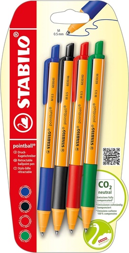 [SO1072872] Stylos à bille rechargeables STABILO Pointball, paquet de 4 couleurs assorties 6030/4